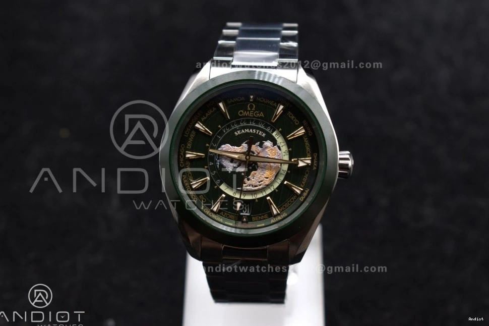 1:1 Ceramic VSF Edition Worldtimer Best 43mm Green SS Super GMT Aqua on Terra A8938 Bracelet Clone 1105